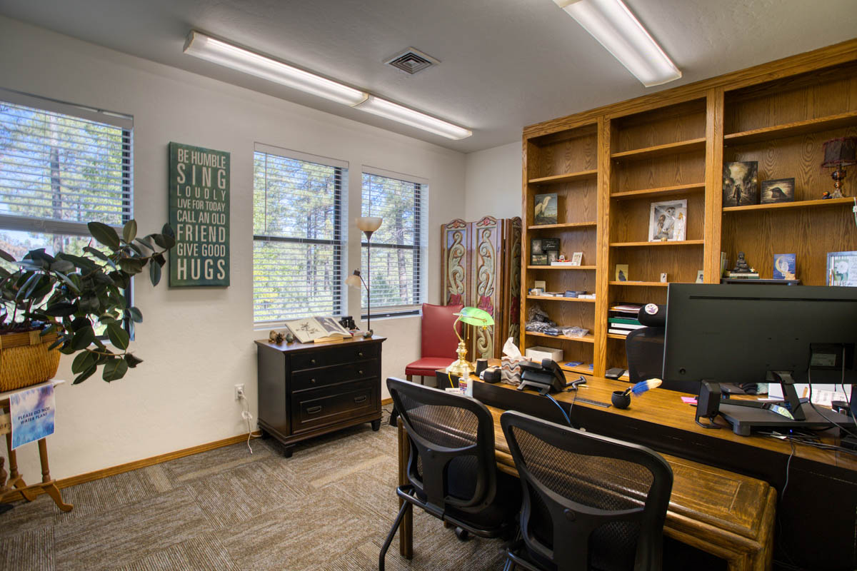 Showlow Office Buildings for Sale (13) Cozy office room with carpet flooring, built-in wood shelves, large windows, and a peaceful ambiance. For sale in Show Low, AZ.