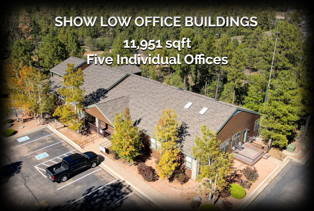 Aerial view of spacious commercial property surrounded by trees, parking available. For sale in Show Low, Arizona.